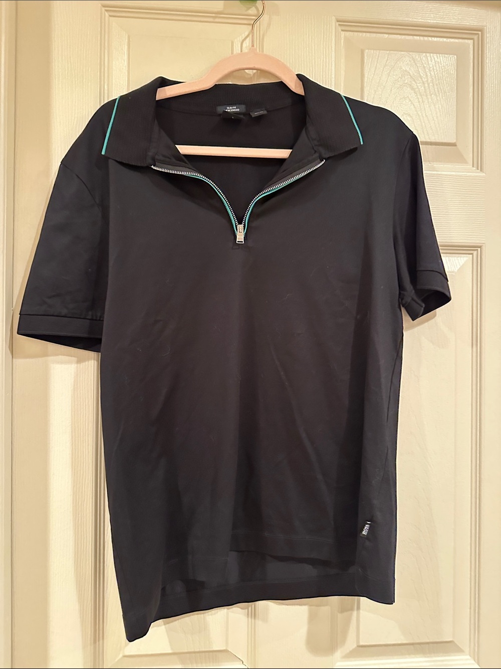 Hugo Boss Black Short-Sleeve Polo with Teal-Trim Zip